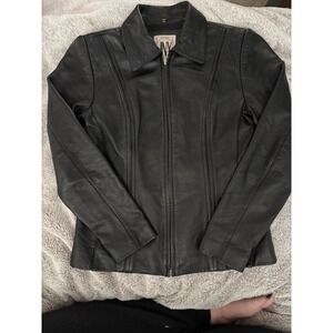 Jones New York JNY Black Genuine Leather Zip Up Jacket Womens Small 39153